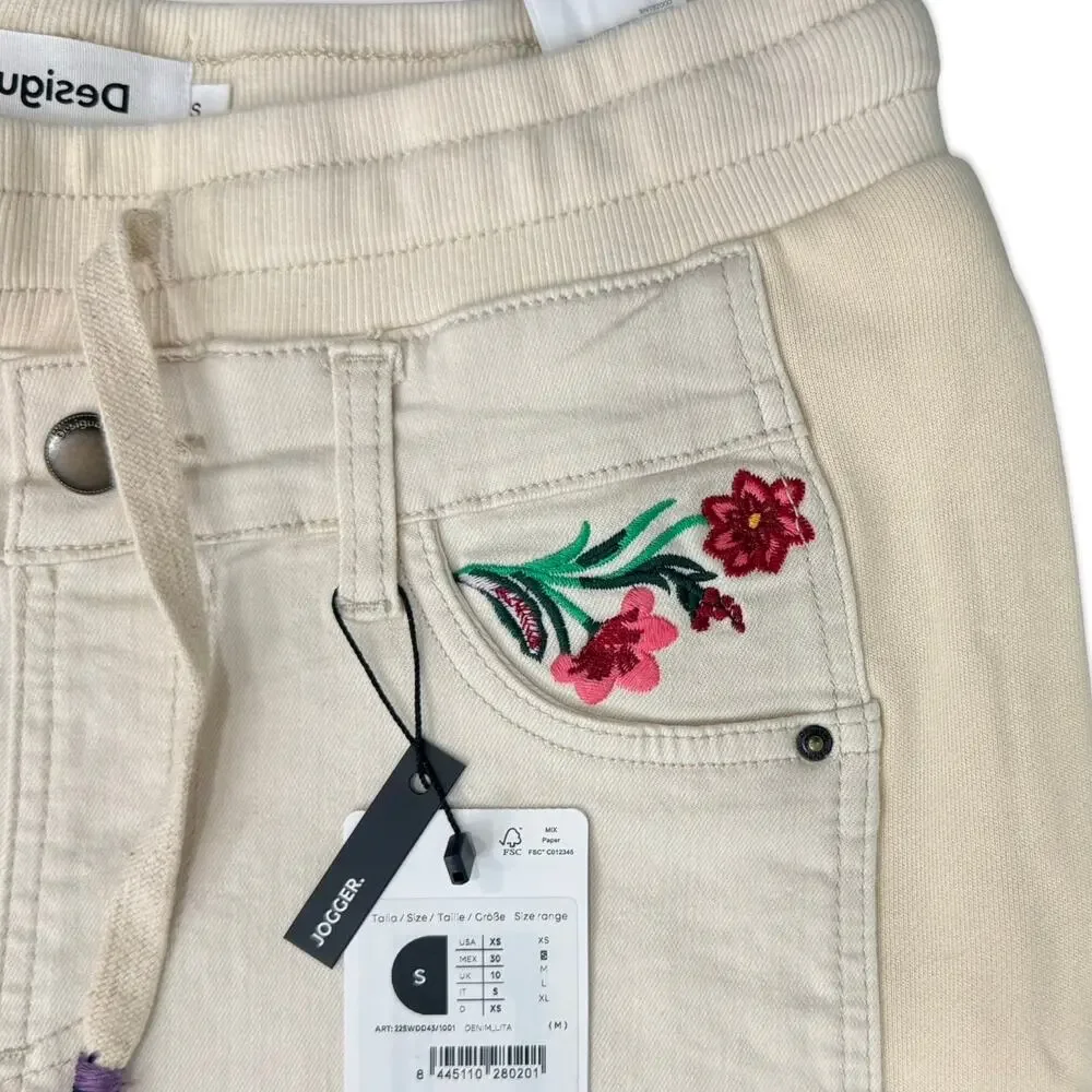 Desigual Cream Ecru Floral Embroidered Jogger Lita Raw Hem Jeans size S NEW Tags - Picture 9 of 12